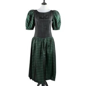 Vintage 1980s Lanz Black and Green Striped Dress Size 10
